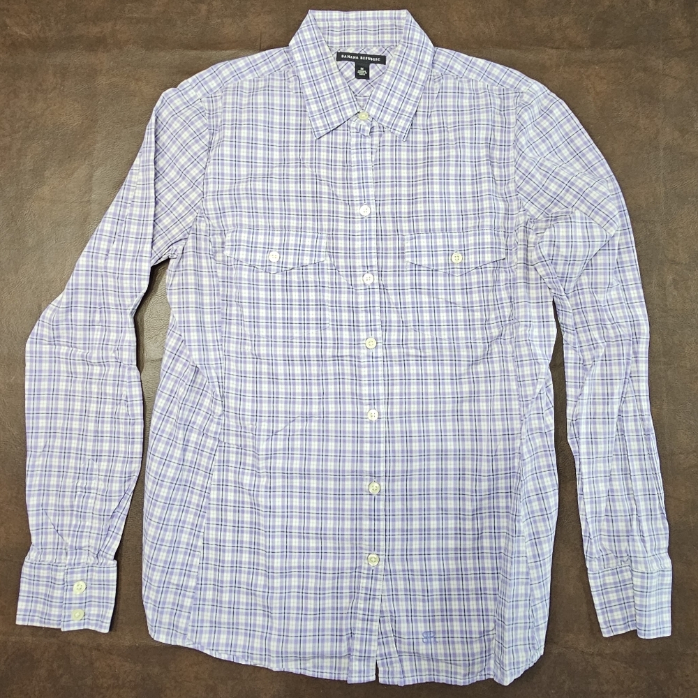 Banana Republic Women's Periwinkle w/ White & Black Plaid Shirt, Medium